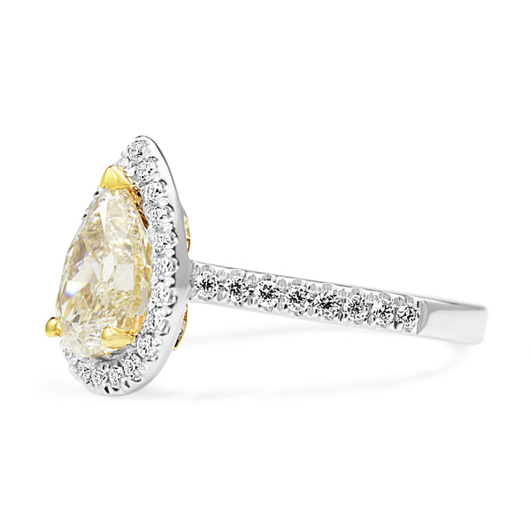 18ct Yellow and White Gold Yellow Pear Diamond Halo Ring