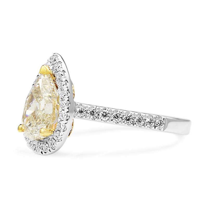 18ct Yellow and White Gold Yellow Pear Diamond Halo Ring