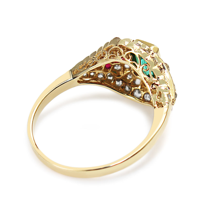 14ct Yellow Gold Deco Style Emerald, Ruby and Rose Cut Diamond Ring