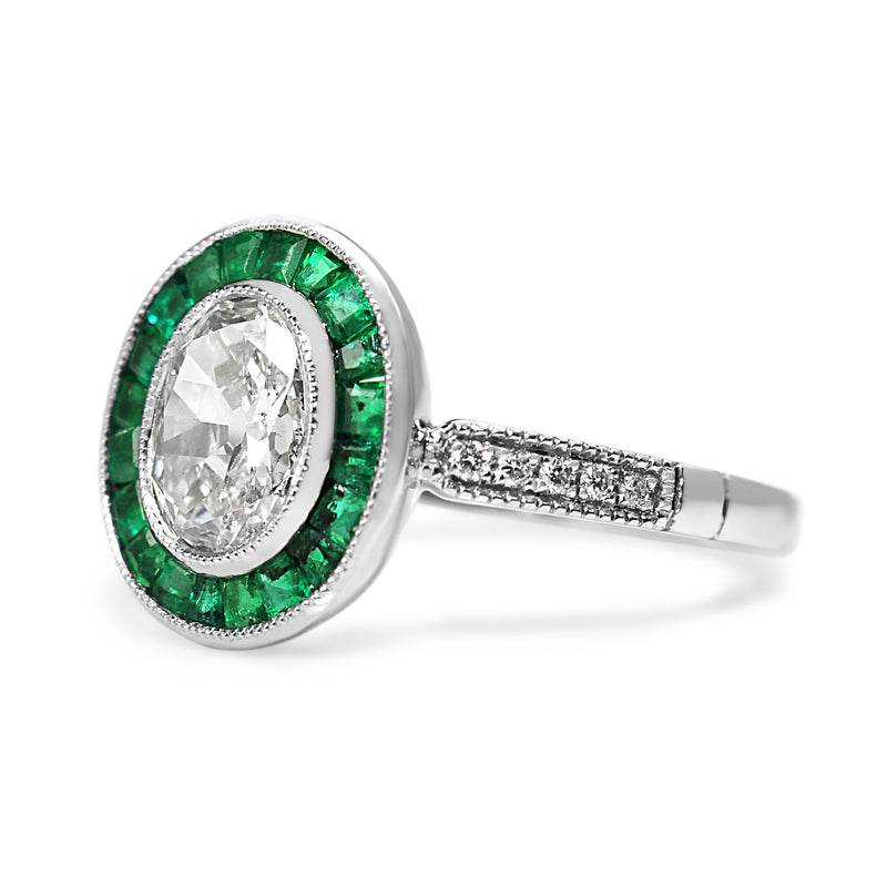 Platinum Art Deco Style Emerald and Old Cut Oval Diamond Ring