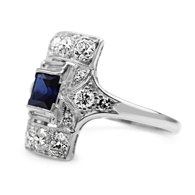 PLatinum Art Deco Sapphire and Old Cut Diamond Ring