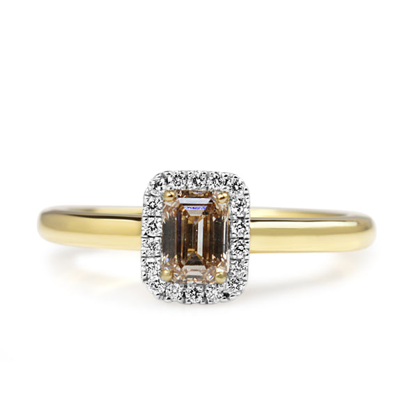 18ct Yellow and White Gold Emerald Cut Champagne Argyle Diamond Halo Ring