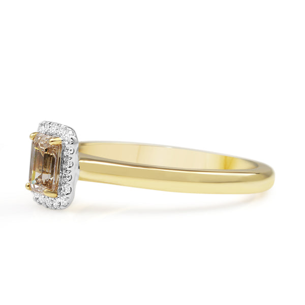 18ct Yellow and White Gold Emerald Cut Champagne Argyle Diamond Halo Ring