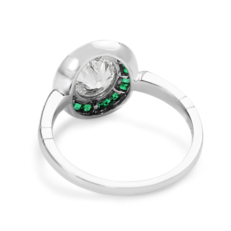 Platinum Art Deco Style Emerald and Old Cut Oval Diamond Ring