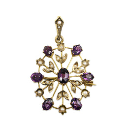 9ct Yellow Gold Antique Amethyst and Pearl Pendant / Brooch