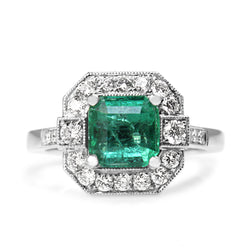 18ct White Gold Deco Style Emerald and Diamond Halo Ring