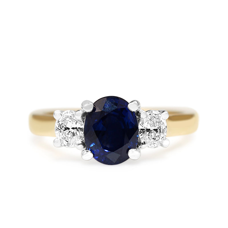 18ct Yellow and White Gold Oval Sapphire and Diamond 3 Stone Ring