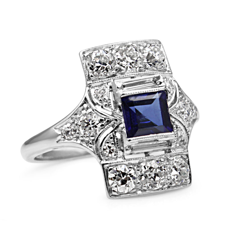 PLatinum Art Deco Sapphire and Old Cut Diamond Ring
