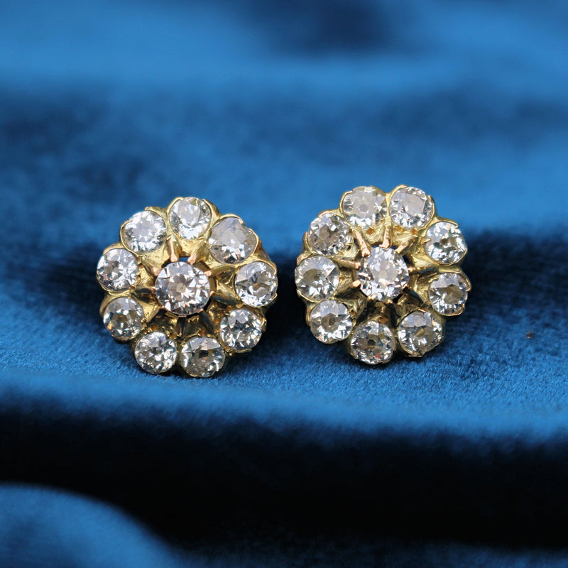 18ct Yellow Gold Antique Old Cut Diamond Daisy Cluster Earrings