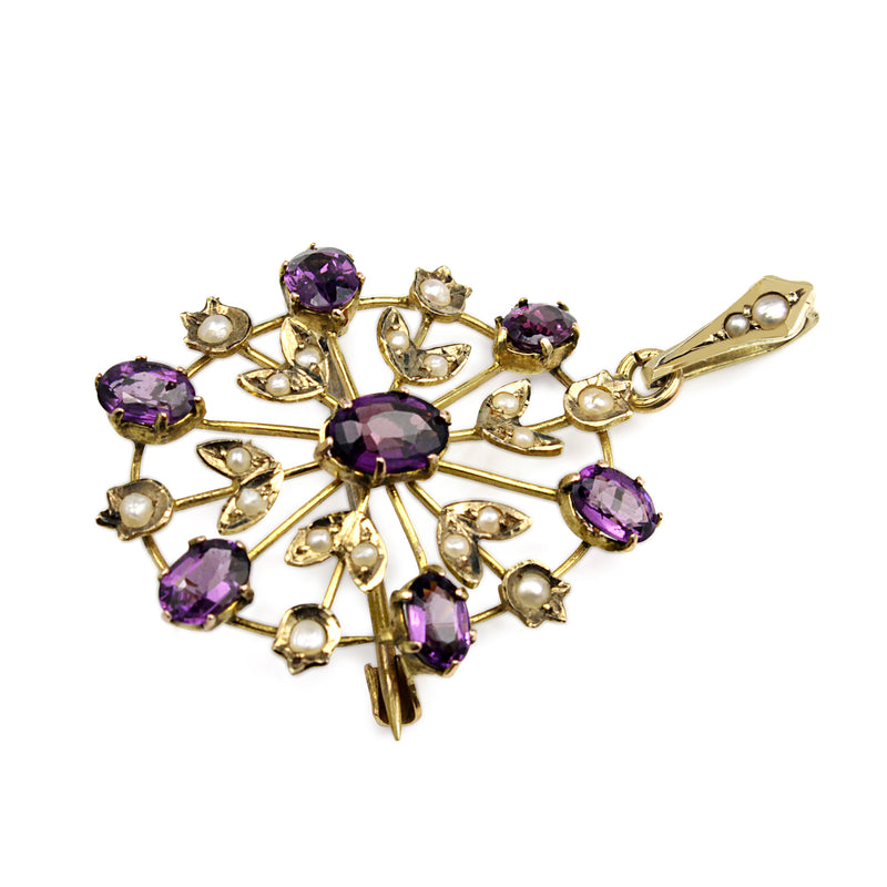 9ct Yellow Gold Antique Amethyst and Pearl Pendant / Brooch