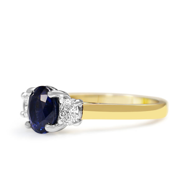 18ct Yellow and White Gold Oval Sapphire and Diamond 3 Stone Ring