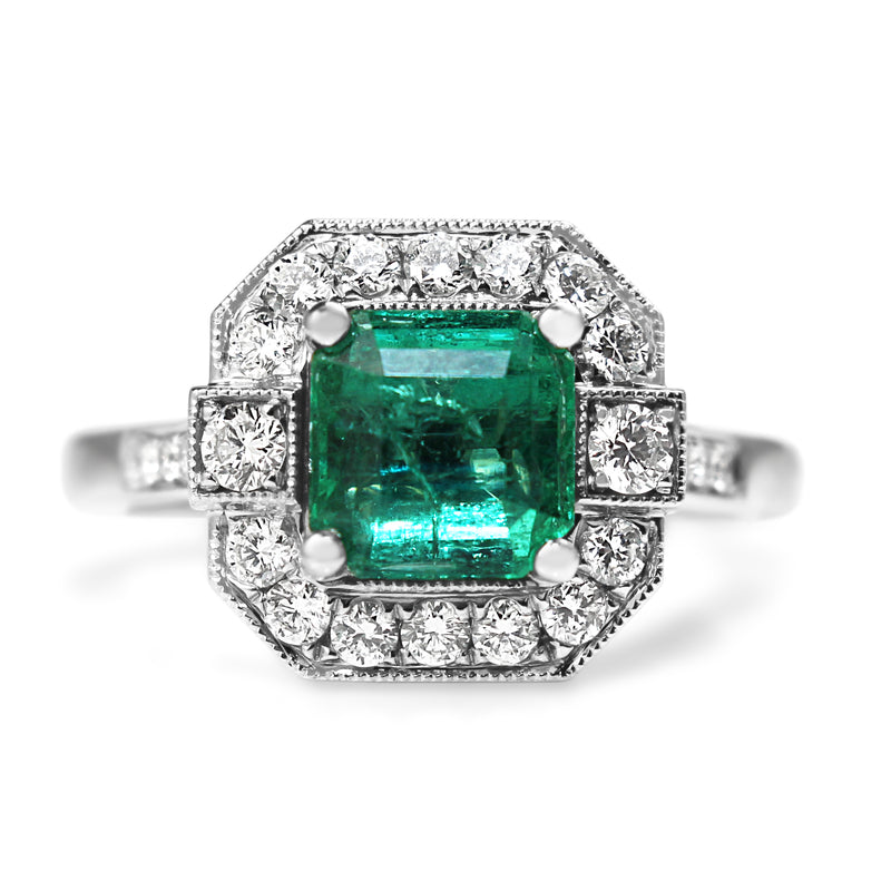 18ct White Gold Deco Style Emerald and Diamond Halo Ring
