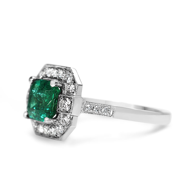 18ct White Gold Deco Style Emerald and Diamond Halo Ring