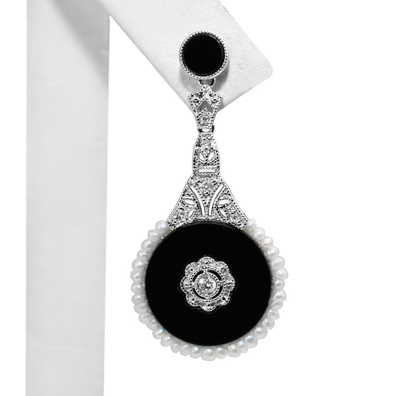 18ct White Gold Onyx, Diamond and Seed Pearl Earrings