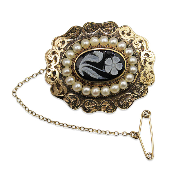 9ct Antique Agate Cameo and Pearl Mourning Brooch