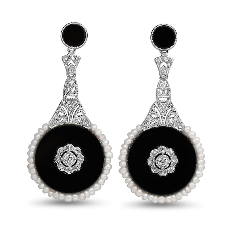 18ct White Gold Onyx, Diamond and Seed Pearl Earrings