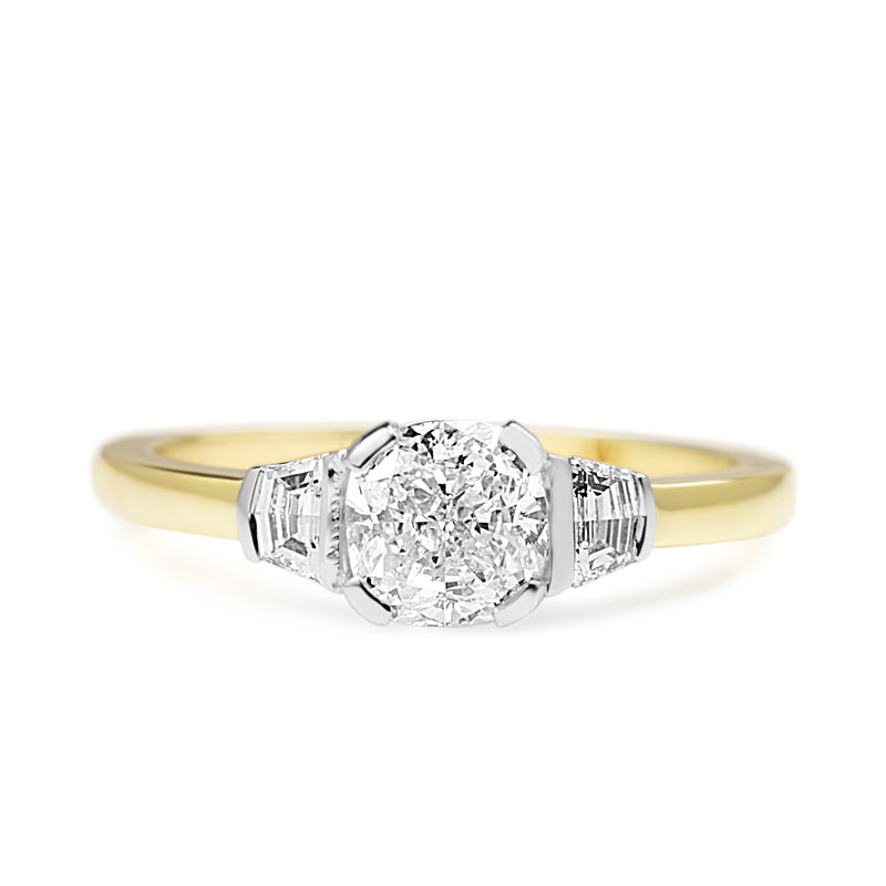 18ct Yellow and White Gold Cushion and Cadillac 3 Stone Diamond Ring