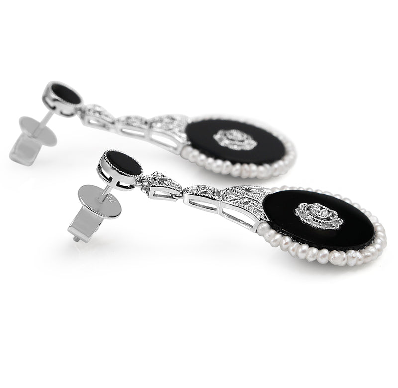 18ct White Gold Onyx, Diamond and Seed Pearl Earrings