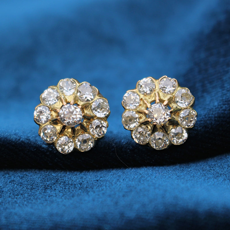 18ct Yellow Gold Antique Old Cut Diamond Daisy Cluster Earrings