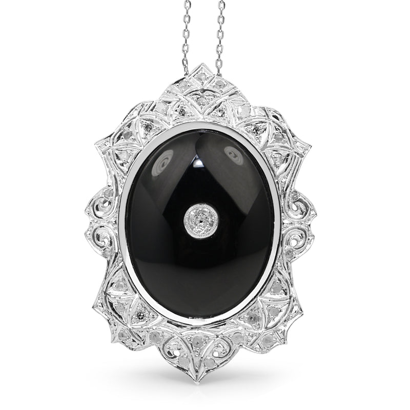 Platinum Art Deco Onyx and Old Cut Diamond Necklace / Brooch