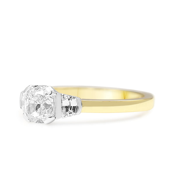 18ct Yellow and White Gold Cushion and Cadillac 3 Stone Diamond Ring