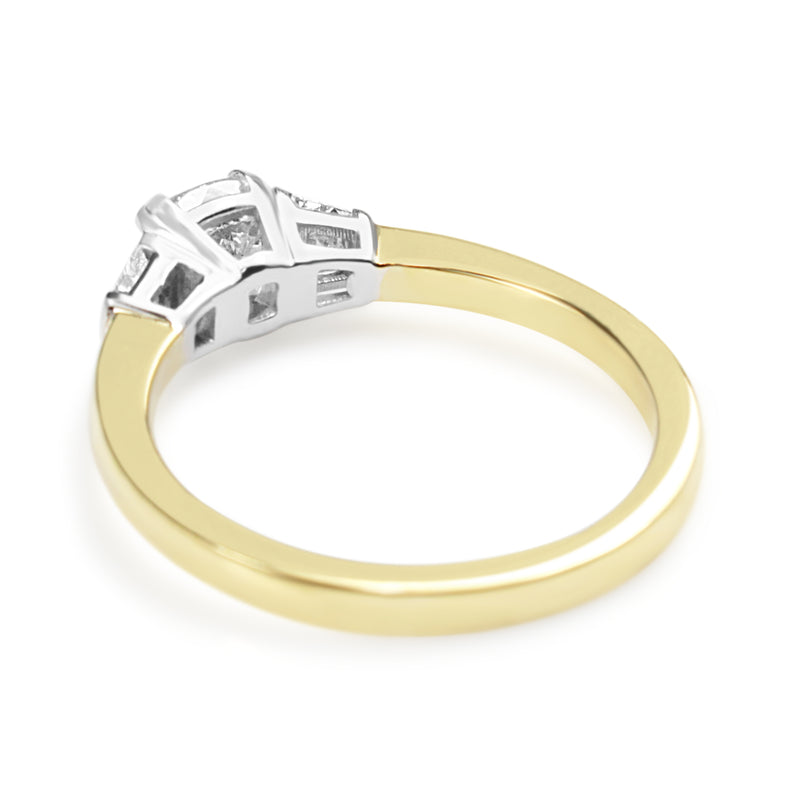 18ct Yellow and White Gold Cushion and Cadillac 3 Stone Diamond Ring