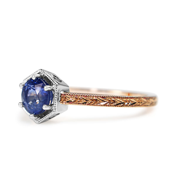 18ct Rose and White Gold Vintage Style Sapphire Solitaire Ring With Etched Band