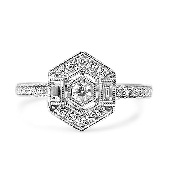 18ct White Gold Deco Style Hexagon Diamond Ring