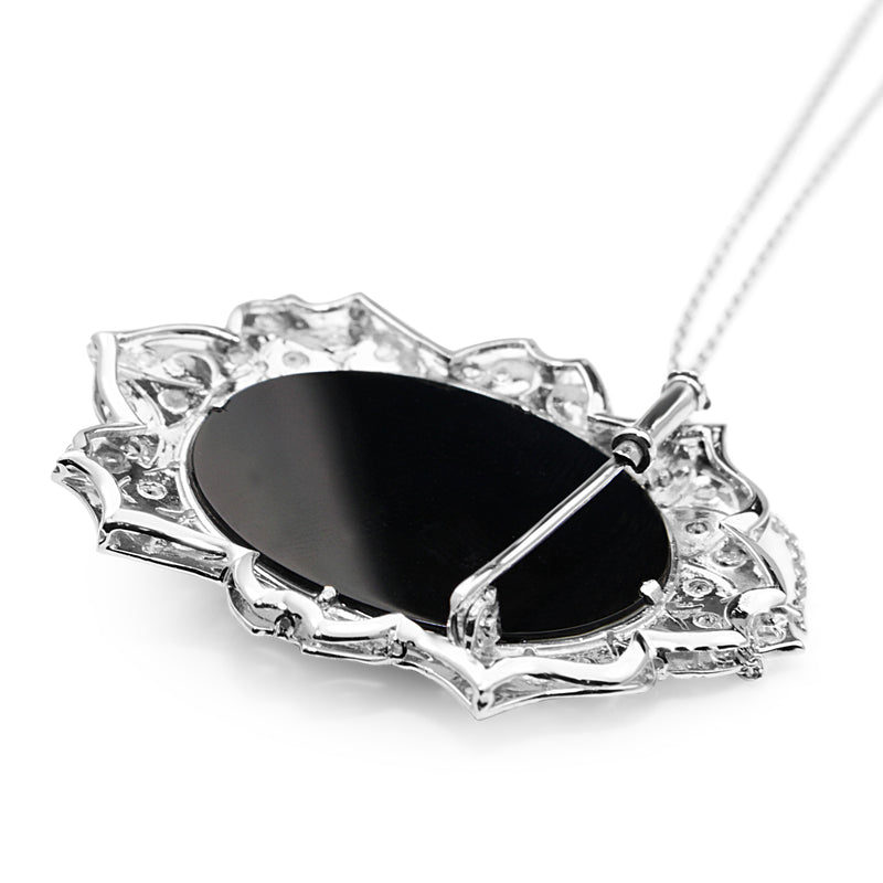 Platinum Art Deco Onyx and Old Cut Diamond Necklace / Brooch