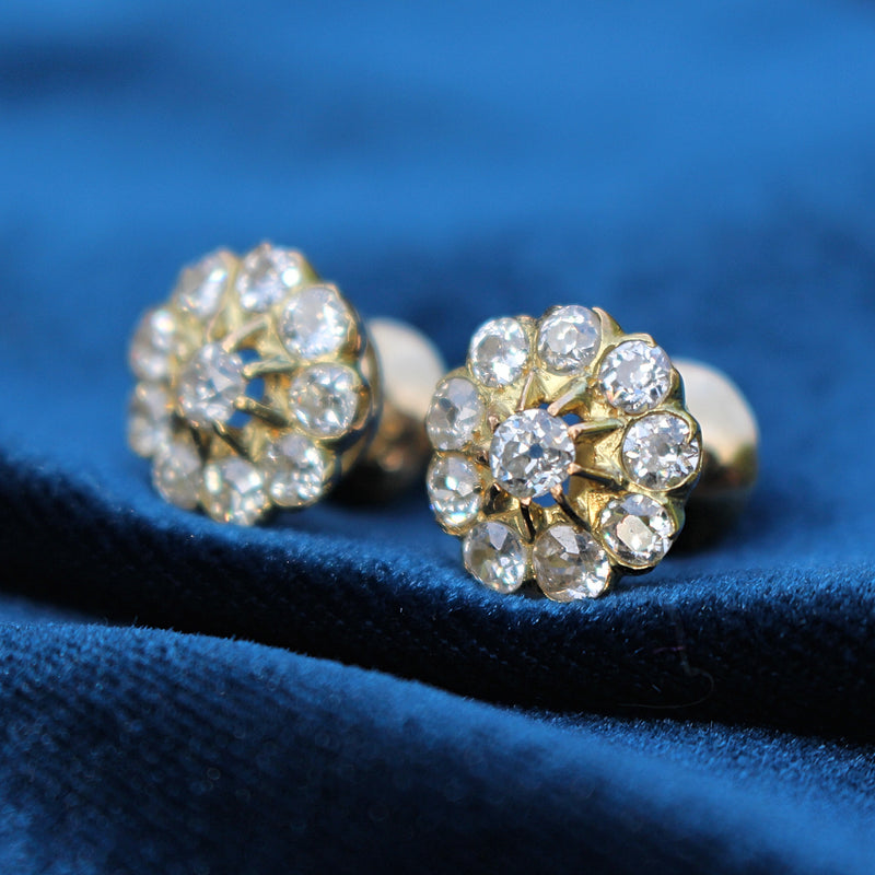 18ct Yellow Gold Antique Old Cut Diamond Daisy Cluster Earrings