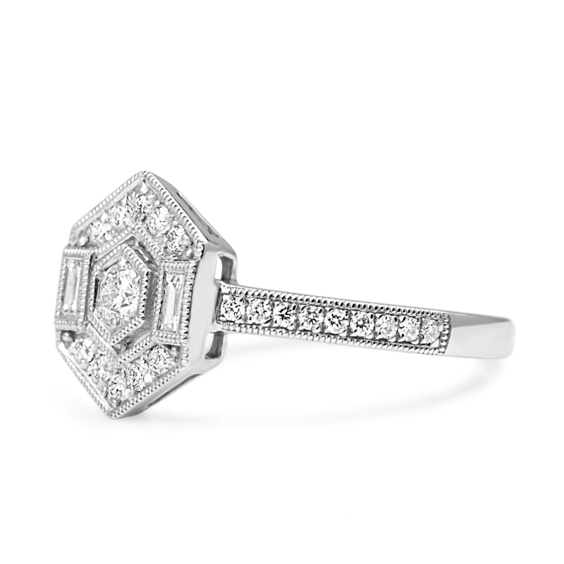 18ct White Gold Deco Style Hexagon Diamond Ring