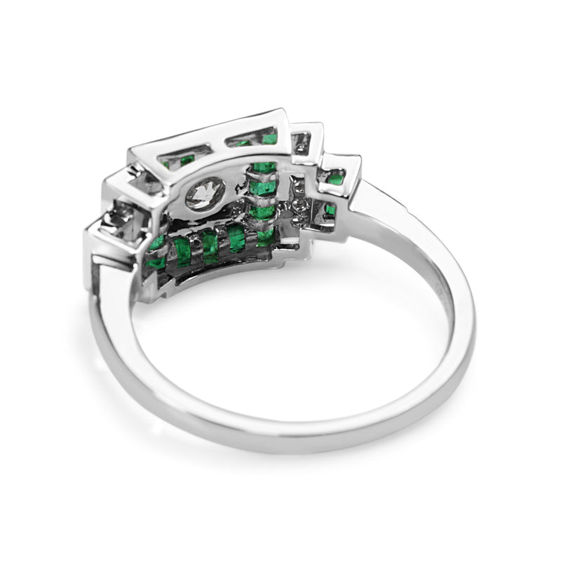 18ct White Gold Emerald and Diamond Deco Style Old Cut Diamond Ring