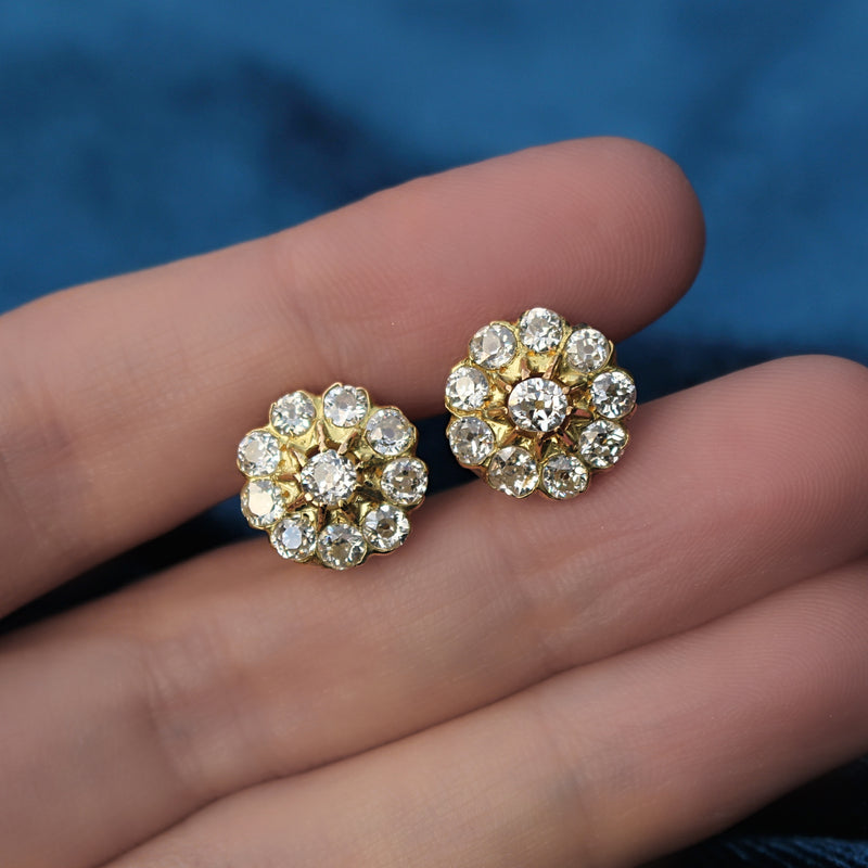 18ct Yellow Gold Antique Old Cut Diamond Daisy Cluster Earrings
