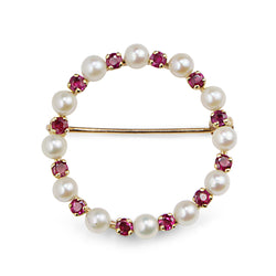 14ct Yellow Gold Ruby and Pearl Wreath Brooch