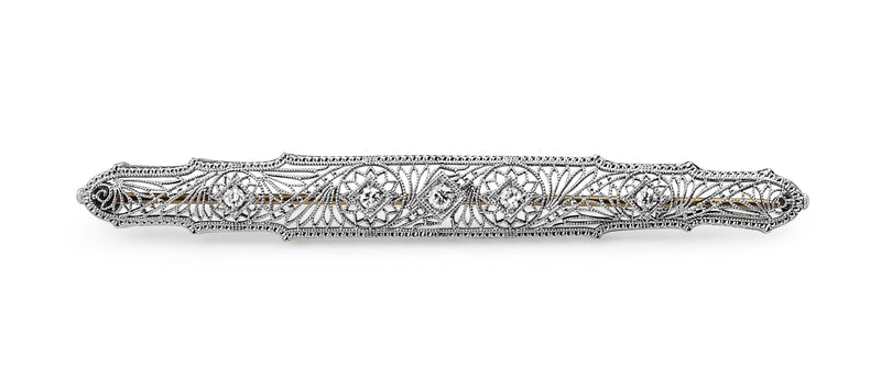 14ct Yellow and White Gold Filigree Art Deco Old Cut Diamond Brooch