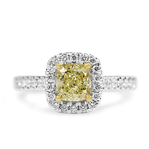 18ct Yellow and White Gold Yellow Cushion Diamond Halo Ring