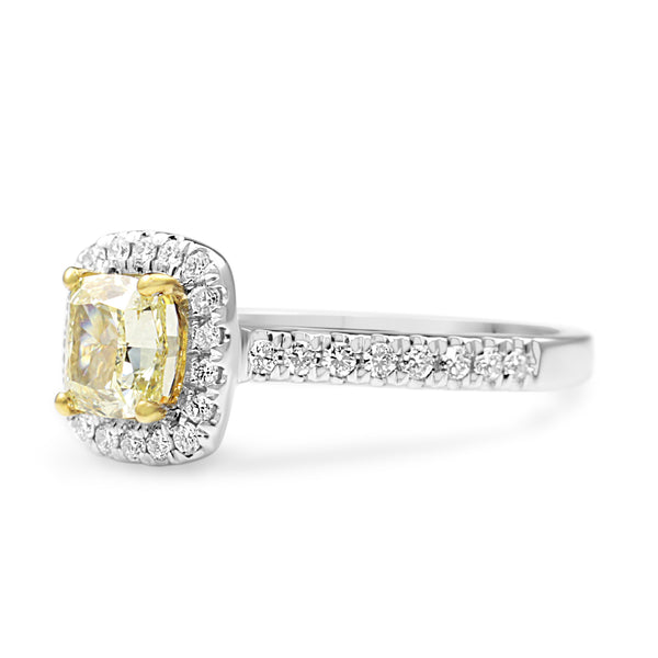 18ct Yellow and White Gold Yellow Cushion Diamond Halo Ring