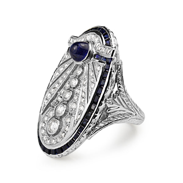 15ct White Gold Deco Style Sapphire and Diamond Cocktail Ring