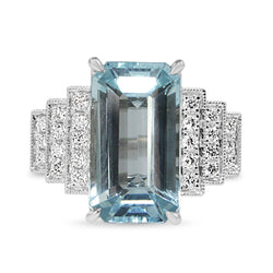 18ct White Gold Aquamarine and Diamond Deco Style Ring