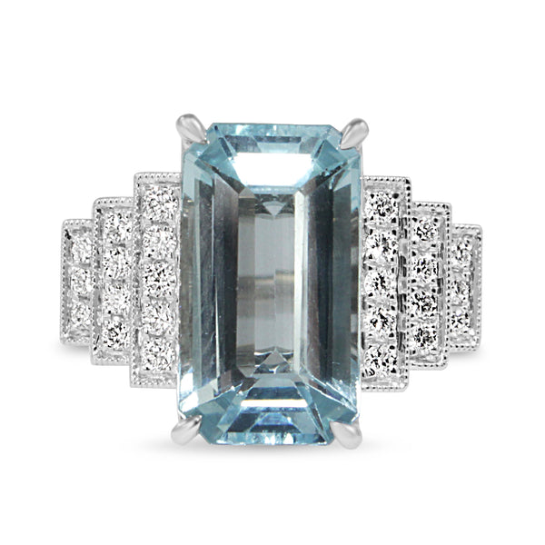 18ct White Gold Aquamarine and Diamond Deco Style Ring