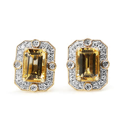9ct Yellow and White Gold Citrine and Diamond Deco Style Earrings
