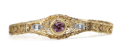 10ct Yellow Gold Art Deco Pink Sapphire and Single Cut Diamond Filigree Bracelet