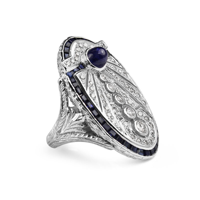 15ct White Gold Deco Style Sapphire and Diamond Cocktail Ring