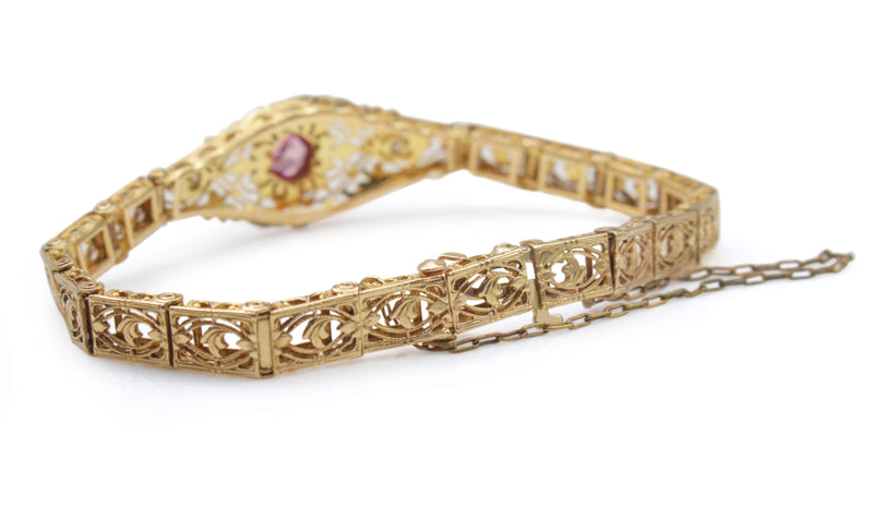 10ct Yellow Gold Art Deco Pink Sapphire and Single Cut Diamond Filigree Bracelet