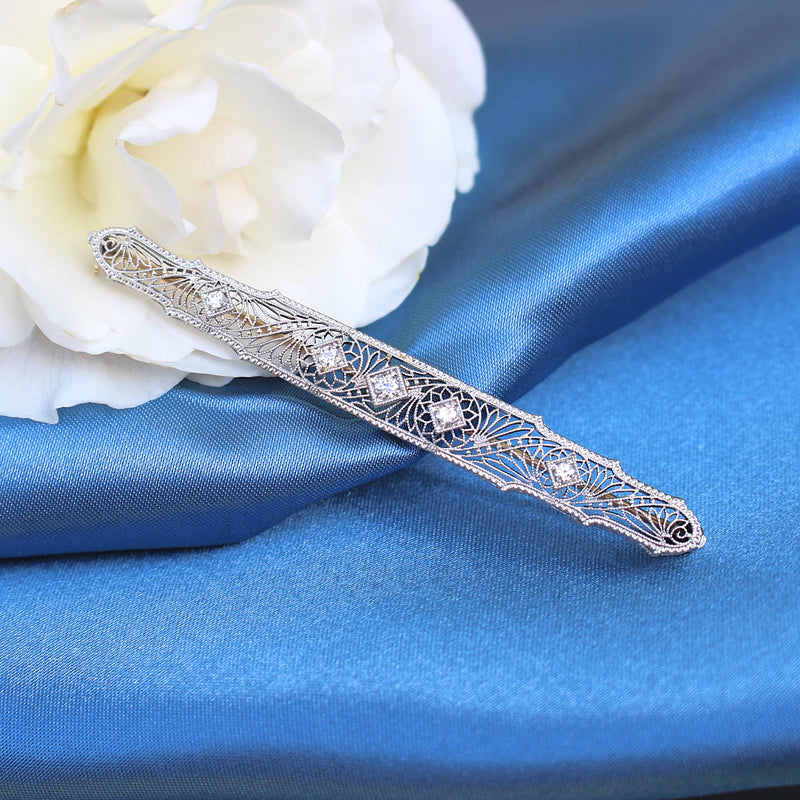 14ct Yellow and White Gold Filigree Art Deco Old Cut Diamond Brooch