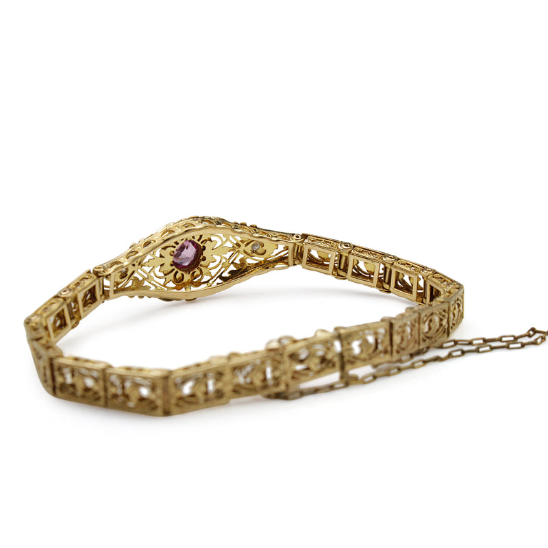 10ct Yellow Gold Art Deco Pink Sapphire and Single Cut Diamond Filigree Bracelet