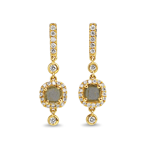 18ct Yellow Gold Diamond Slice / Portrait Halo Drop Earrings