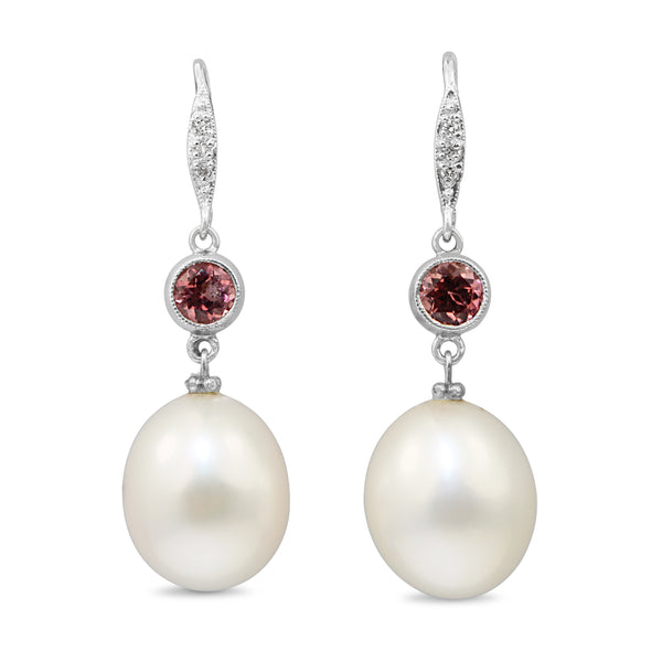 14ct White Gold Pink Topaz, Diamond and 10mm Fresh Water Pearl Earrings