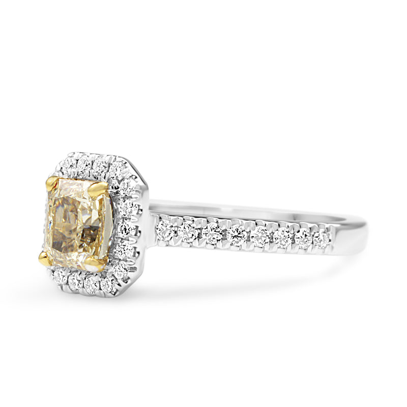 18ct Yellow and White Gold Yellow Radiant Diamond Halo Ring