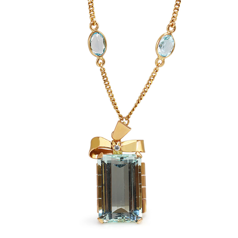 18ct Yellow Gold Vintage Aquamarine and Diamond Bow Pendant on Topaz Chain Necklace